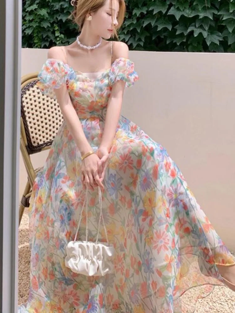 French Puff Sleeves Long Dress Summer Korean Cool and Breathable Bare Shoulder Vestidos Robe