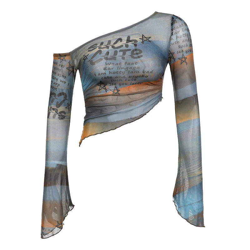 Colour Letter Print Fabric Skew Collar Asymmetric Top Tees Flared Sleeve Design Slim Personality Blouses