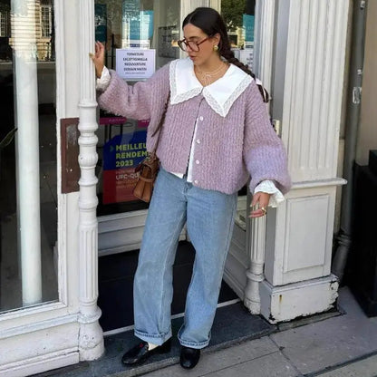 Color Simple Knitted Cardigan Loose Round Neck Single Breasted Sweater Retro Tops Short Sweaters