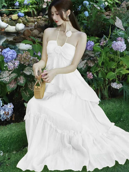Korea Sweet Fairycore Halter Long Dress Ruffles Birthday Party Dress Summer Aline Vestidos Female New Robe