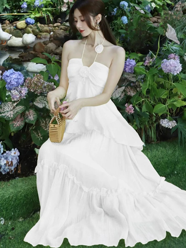 Korea Sweet Fairycore Halter Long Dress Ruffles Birthday Party Dress Summer Aline Vestidos Female New Robe