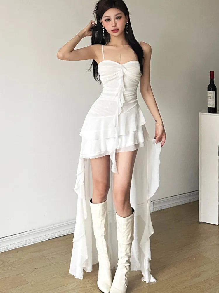 Y2k Irregular Ruffles Spaghetti Strap Summer New Midi Dresses for Birthday Party Dress Club Prom Robe Vestidos Mujer