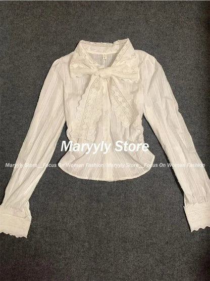 Korean Preppy Style Dress Set Bow Lace Shirt Tops + Polka Dot Mini Dress Commuter 2 Piece Set New