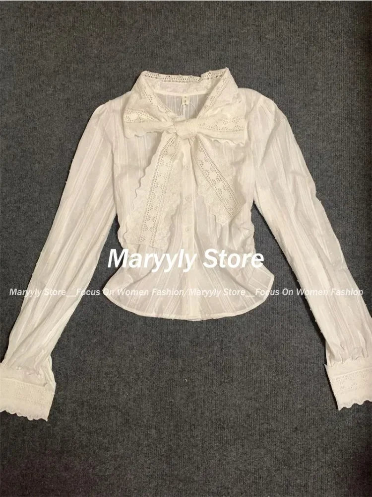 Korean Preppy Style Dress Set Bow Lace Shirt Tops + Polka Dot Mini Dress Commuter 2 Piece Set New