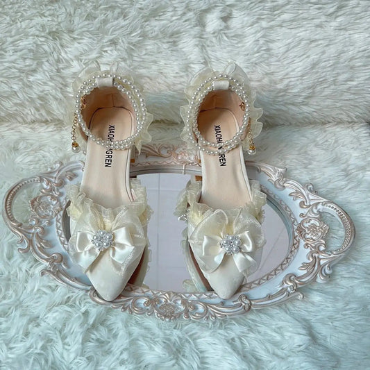 Lolita Sweet High Heel for Bow Slingback Shoes Wedding Shoes Bride Chunky Heel Shoes
