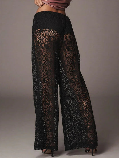 Lace Mesh See-through Black Wide Leg Pant