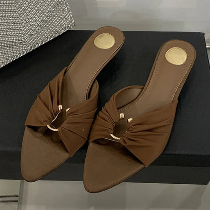 Pleated Silk Hollow Out Metal Buckle Slippers Sandal Summer Pointed Toe Low Thin Heels Beach Party Female Shoes
