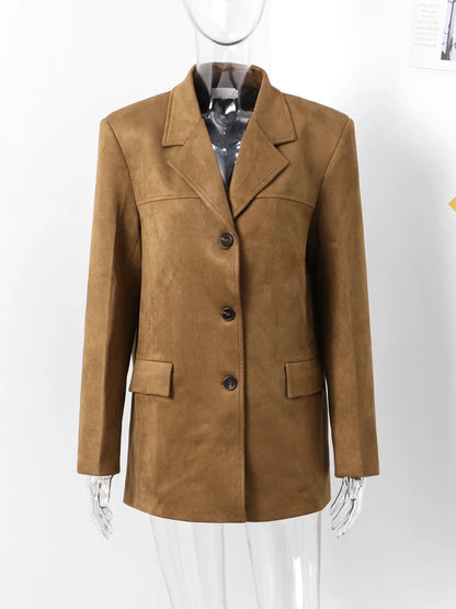 Suede Jackets Loose Lapel Single Breasted Long Sleeves Pockets Blazer Coats Female Autumn New in Outwear