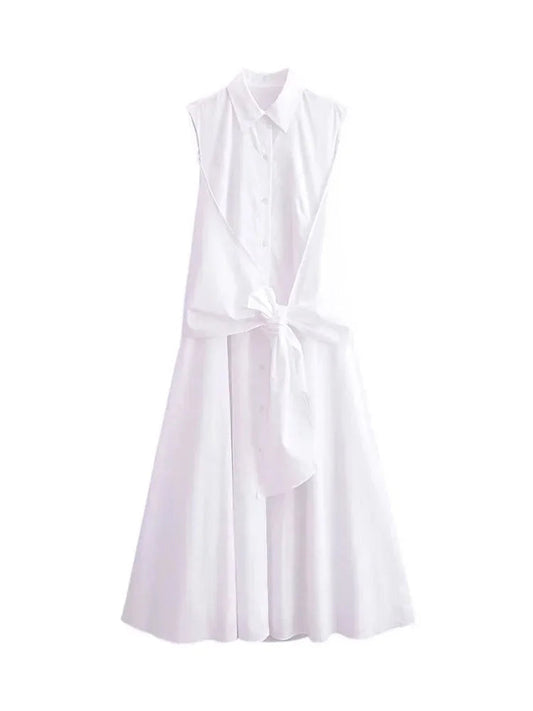 Woman Sleeveless Lace Up Dress Ruched Slim Lapel Shirt Midi Dresses Female Singlebreasted Long Dress