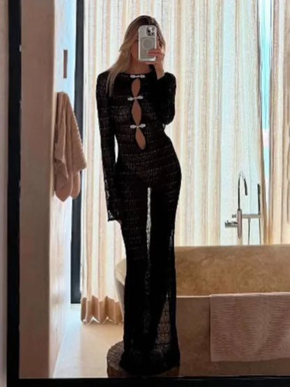Hollow Slit Long Dress ’s Beach Cover-up Dress Floor-length Backless Mermaid Evening Gown Knit Dress