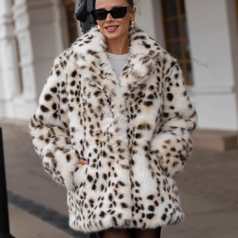 Exclusive Long Brown Leopard Fox Fur Coat Winter New Hot Brand Faux Fur Jacket Overcoat
