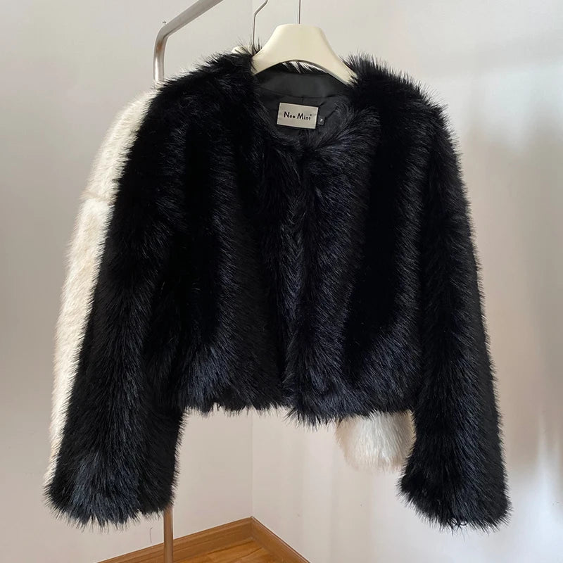 Ins Hot Brand Black Warm Cozy Cropped Faux Fur Coat Winter Street Short Fur Jacket