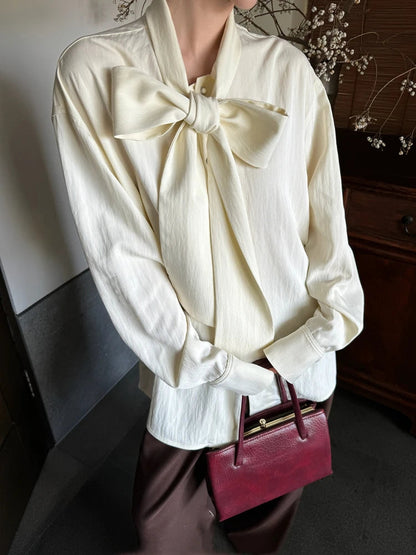 Beige Blouse Bow Tie Long Sleeve Shirt Female Oversized Office Spring Clothes