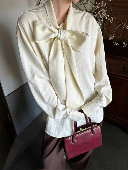 Beige Blouse Bow Tie Long Sleeve Shirt Female Oversized Office Spring Clothes