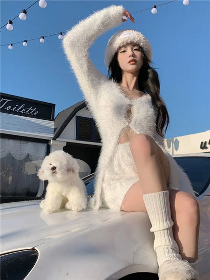 Sweet Hot Girl Pure Suit Autumn Knitted Cardigan High Waisted Slim Fit Shorts Twopiece Set Female Clothes