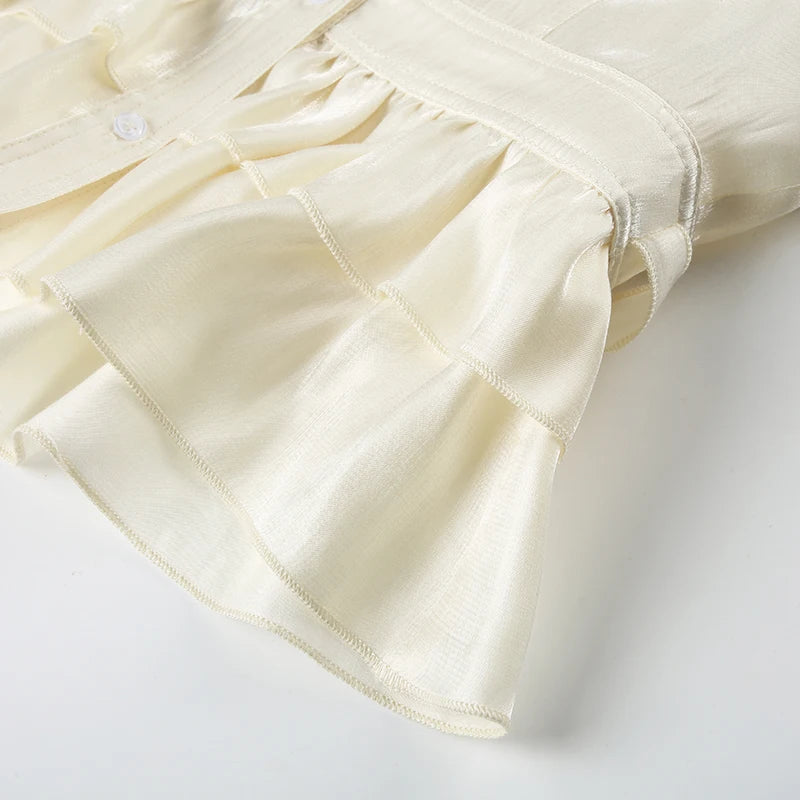Peter Pan Collar Tiered Aline Blouse Sweet Slimming Back Tieup Bow Shirts Short Sleeve Top Summer