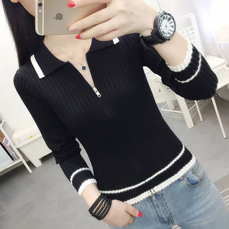 Autumn Spring Style Knitted Pullover Tops Lady Zipper V-neck Knitted Pullover Sweater Zz0972