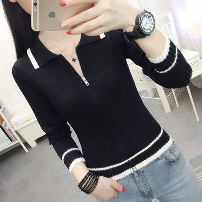 Autumn Spring Style Knitted Pullover Tops Lady Zipper V-neck Knitted Pullover Sweater Zz0972