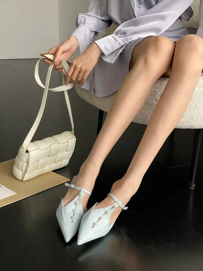 Woman Pumps String Pearl Pointed Toe Thin Low Heels Shoes Buckle Strap Zapatos De Mujer