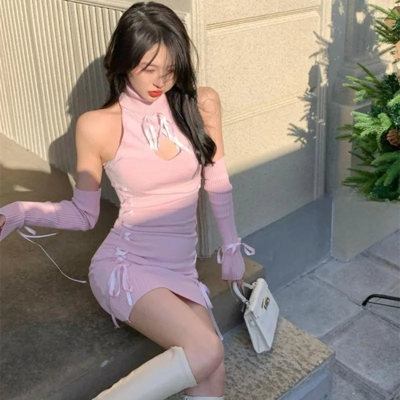 Knitted Dresses Autumn Winter Turtleneck Hollow Out Slim Stretch Bow Basic Party Sweater Dress Club