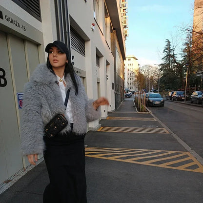 Fluffy Faux Mongolian Fur Coat for Winter Warm Furry Tibetan Sheep Fur Jacket Female Shaggy Overcoat