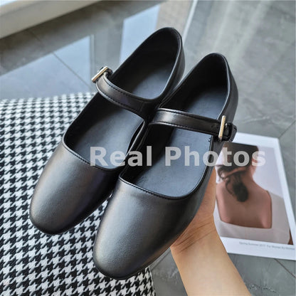 Brand Mary Jane Genuine Leather Flats Shoes Woman Buckles Flat Comfort Loafer Shoes Soft Leather Flats