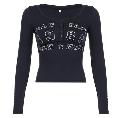 American Retro Letter Print Button V-neck Shirt ��s Autumn New Blouse Slim Basic Knitted Top Tees Fashio