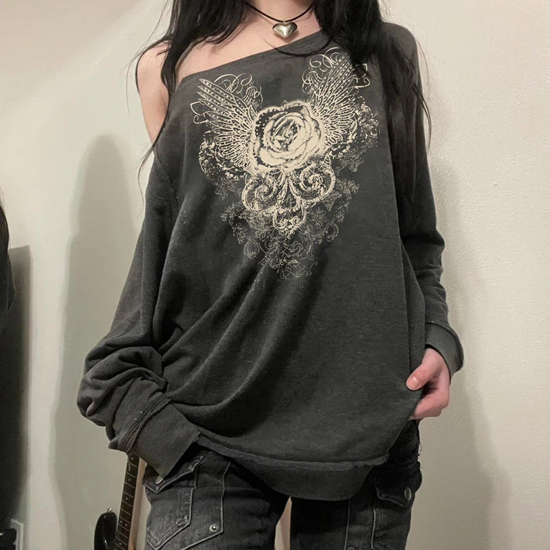 Graphic Print Slanted Collar Pullovers Y2k Street Outfits Harajuku Sweatshirt Grunge Style Retro Top