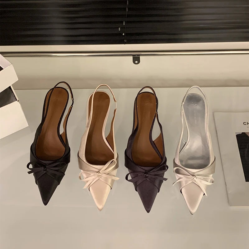 Bowktie Pointed Toe Slingbacks Low Thin Heel Dress Shoes