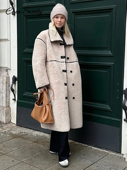 Beige Faux Fur Long Coat Winter Buttons Lapel Long Sleeve Lamb Fleece Jacket New Lady Loose Street Outerwear