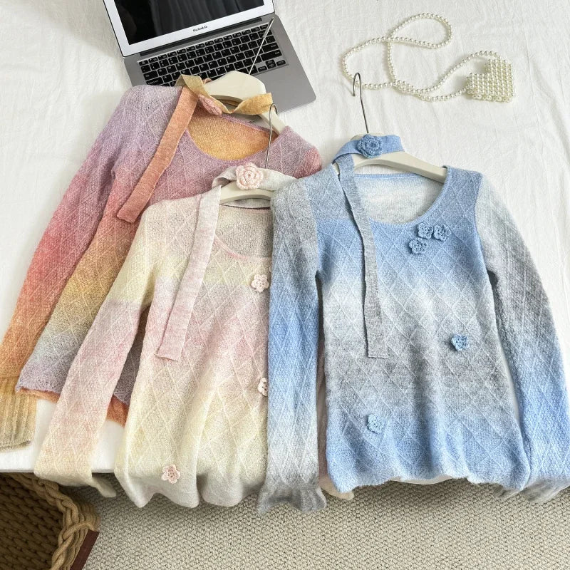 Sweet Hot Girl Gradient Slim Fit Sweater for Spring and Autumn Flower Oneck Knitted Pullover Female Clothes