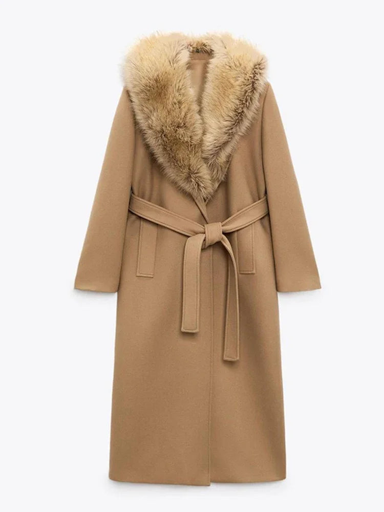 Faux Fur Patchwork Collar Woolen Belts Coat Button Up Pocket Thicken Warm Outwear Female Winter Jacket
