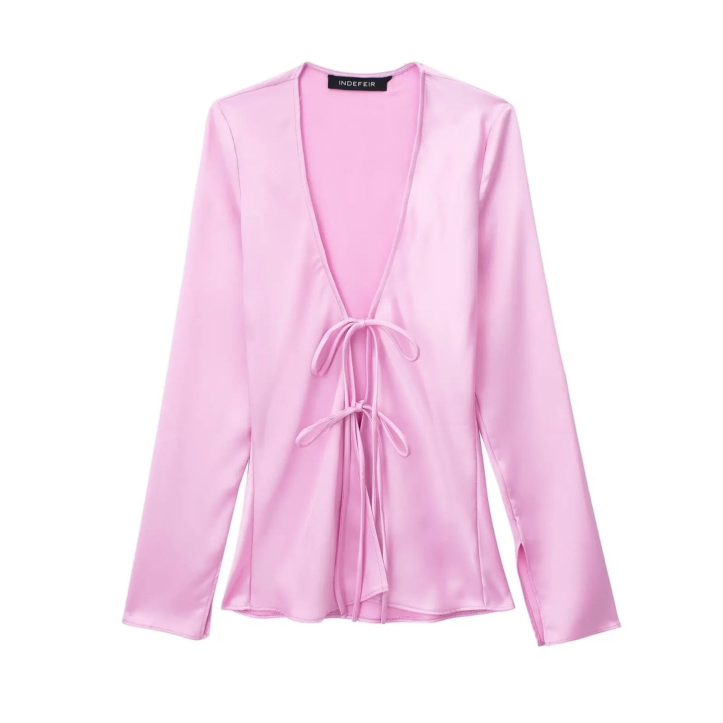 Vneck Lace Up Satin Blouses Long Sleeves Color Shirt Top Female Versatile Tops