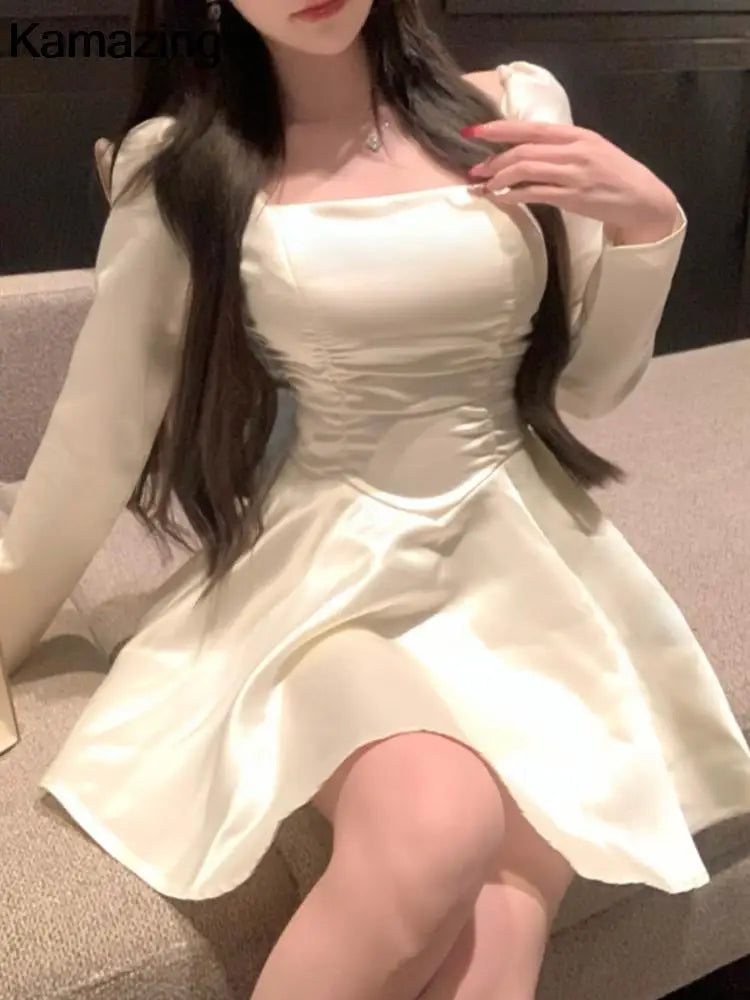 Satin Mini Dress Spring Summer Aline Party Evening Clothes Female Long Sleeve Vestidos New
