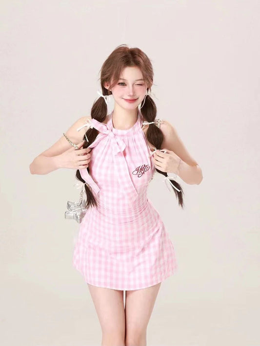 Summer Causal Sweet Plaid Mini Dress French Slim Party Dress Japanese Style Kawaii One Piece Dress