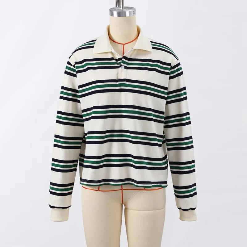 Stripe Basic T-shirt Long Sleeve Female All Match Polo Shirt Spring New Loose Tops High Street