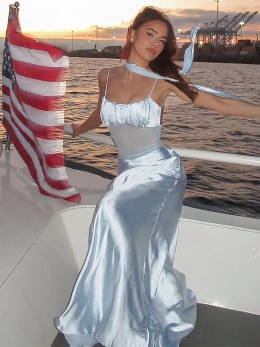 Vacaiton Beach Satin Dress Mesh Patchwork Sleeveless Ruffle Long Dresses Backless Party Dress