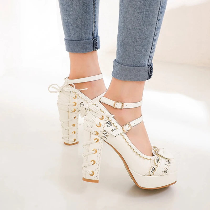 Summer 2.5 Platform Bow Lace Princess Lolita Shoes Party 10cm High Heel Buckle Big Size 43
