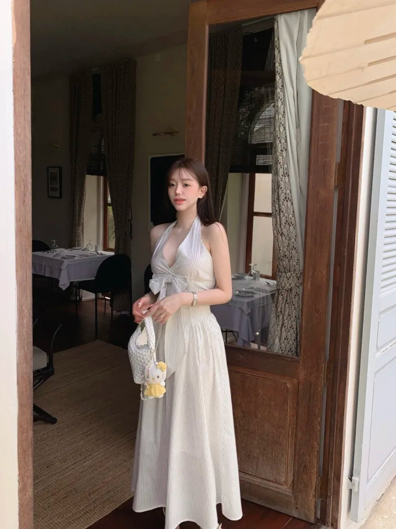 French Vacation Style Hanging Neck Striped Vest Dress Summer New Design Butterfly Bow Long Dresses