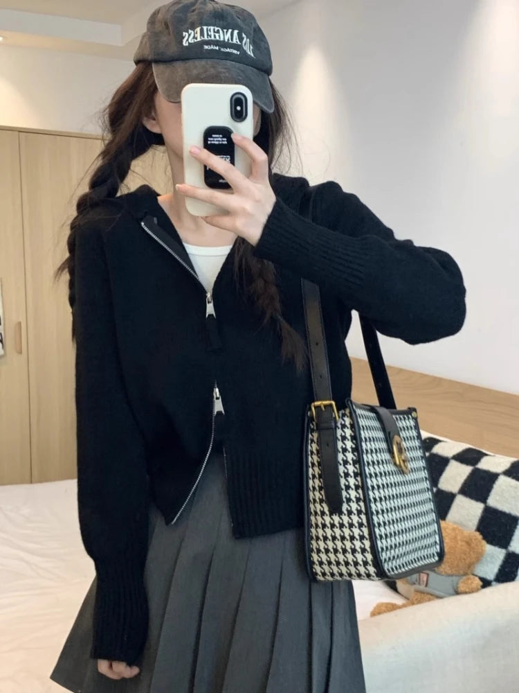 Double Zipper Cropped Knitwear Basic Zip Up Hooded Knitted Cardigan Slim Long Sleeve Sweaters for Winter Clothes
