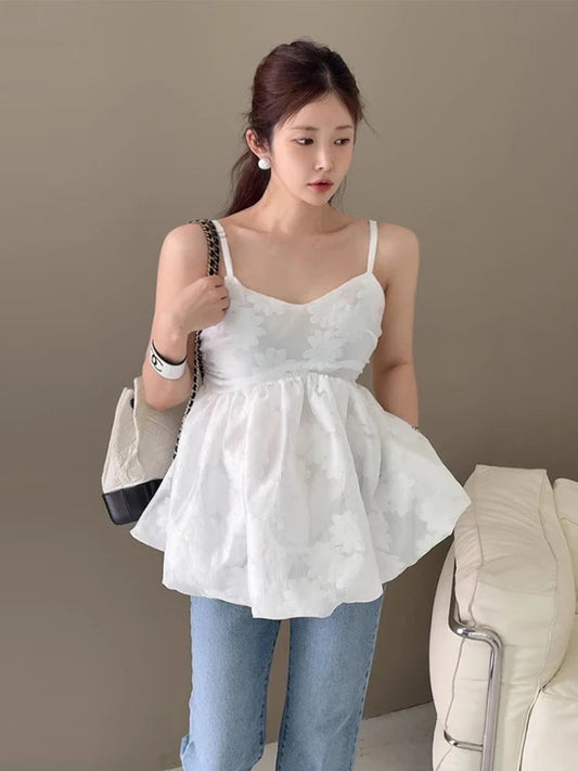 3d Embroidered Jacquard Tank Top Strap Summer New Style Unique Design Lotus Leaf Edge Puff Blouse Top