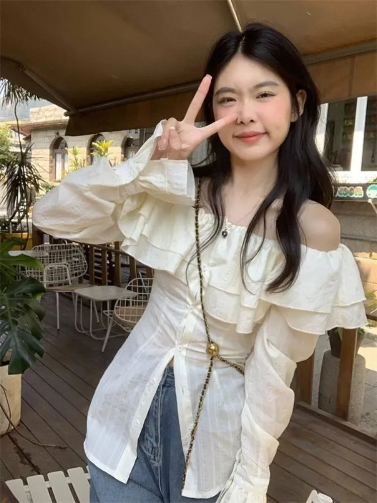 Slash Neck Ruffles Shirts Y2k Egirl Slim Waist Single Breasted Blouses Summer New Long Sleeve Blusas Mujer