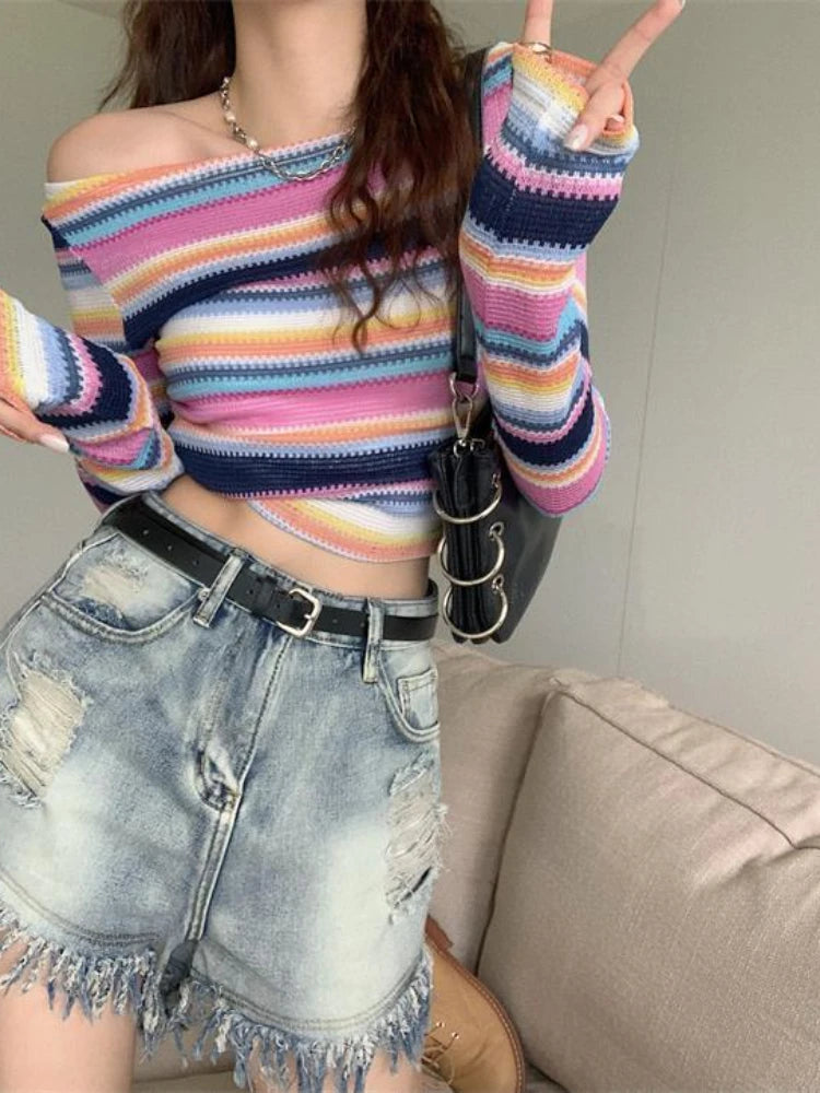 Long Sleeve Striped Sweater Off Shoulder Jumpers for Kawaii Pullover Y2k Korean Style Sweet Top