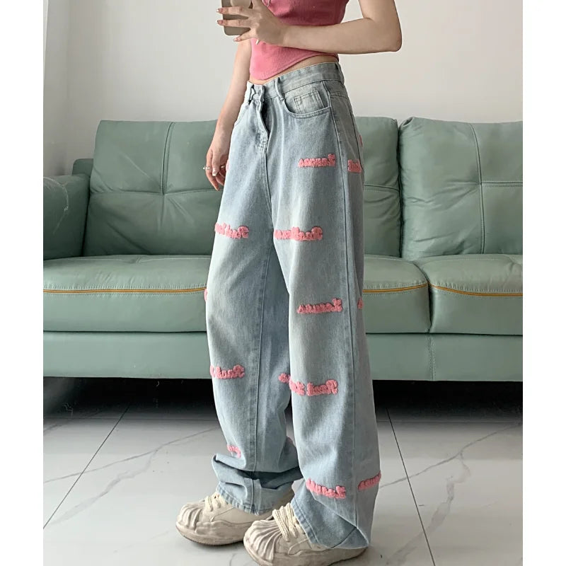 Letters Embroidery Loose Washed Jeans Summer New High Waist All Match Wide Leg Pants