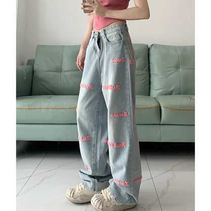Letters Embroidery Loose Washed Jeans Summer New High Waist All Match Wide Leg Pants