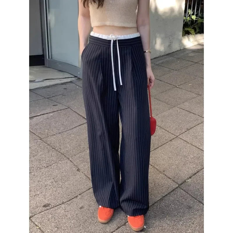 Korean Laceup Contrast Color Patchwork Pants Summer New High Waist Striped Loose All Match Straight Pants