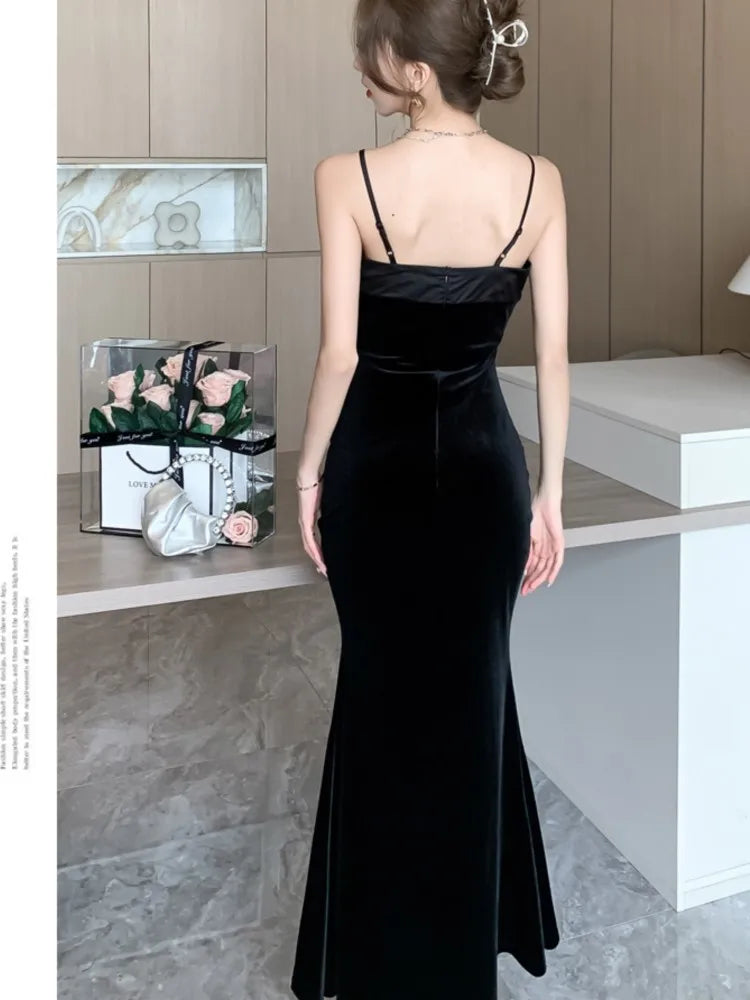 Autumn Winter Black Velvet Appliques Sling Long Dress Dress Korean Vintag Dance Party Night Dress