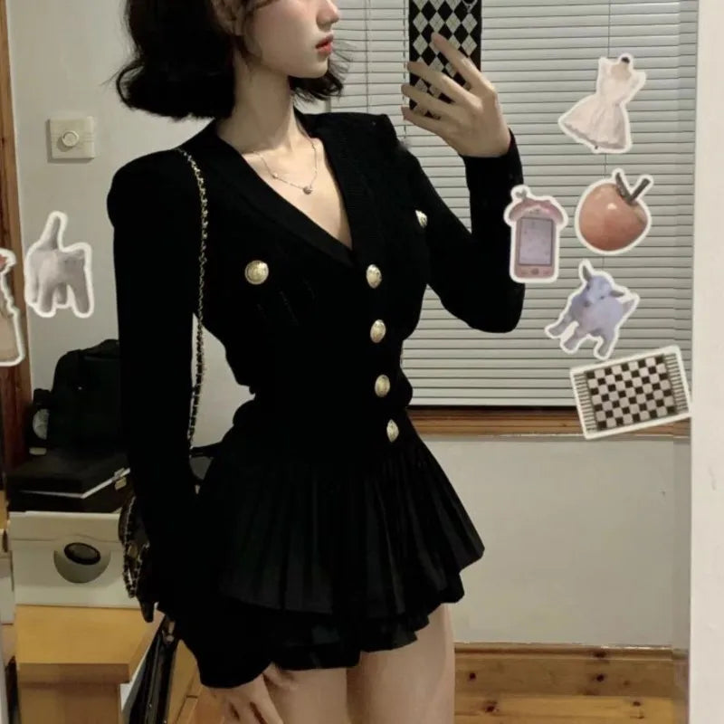 Autumn Korean Knitted Two-piece Skirt Set Single Breasted V-neck Sweater Mini Ruffles Skirt Y2k New Outfits