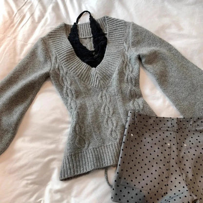 Vneck Gray Allmatch Knitted Pullover Autumn New Bottoming Tops Y2k Slimfit Long Sleeve Sweaters Mujer