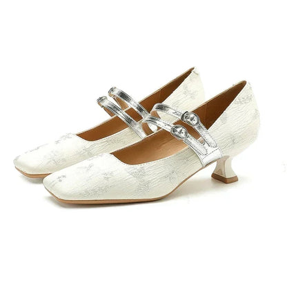 New Designer High Heels Silk Square Toe Dress Shoes Female Comfort Belt Buckle Low Heel Shoes
